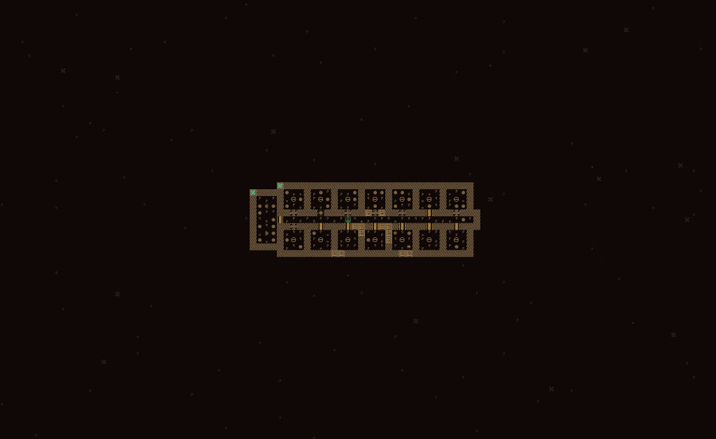 Dwarf Fortress screenshot showing fourteen bedrooms along hallway