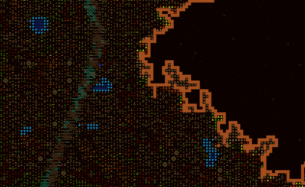 Screenshot from Dwarf Fortress showing one dwarf by a brook.